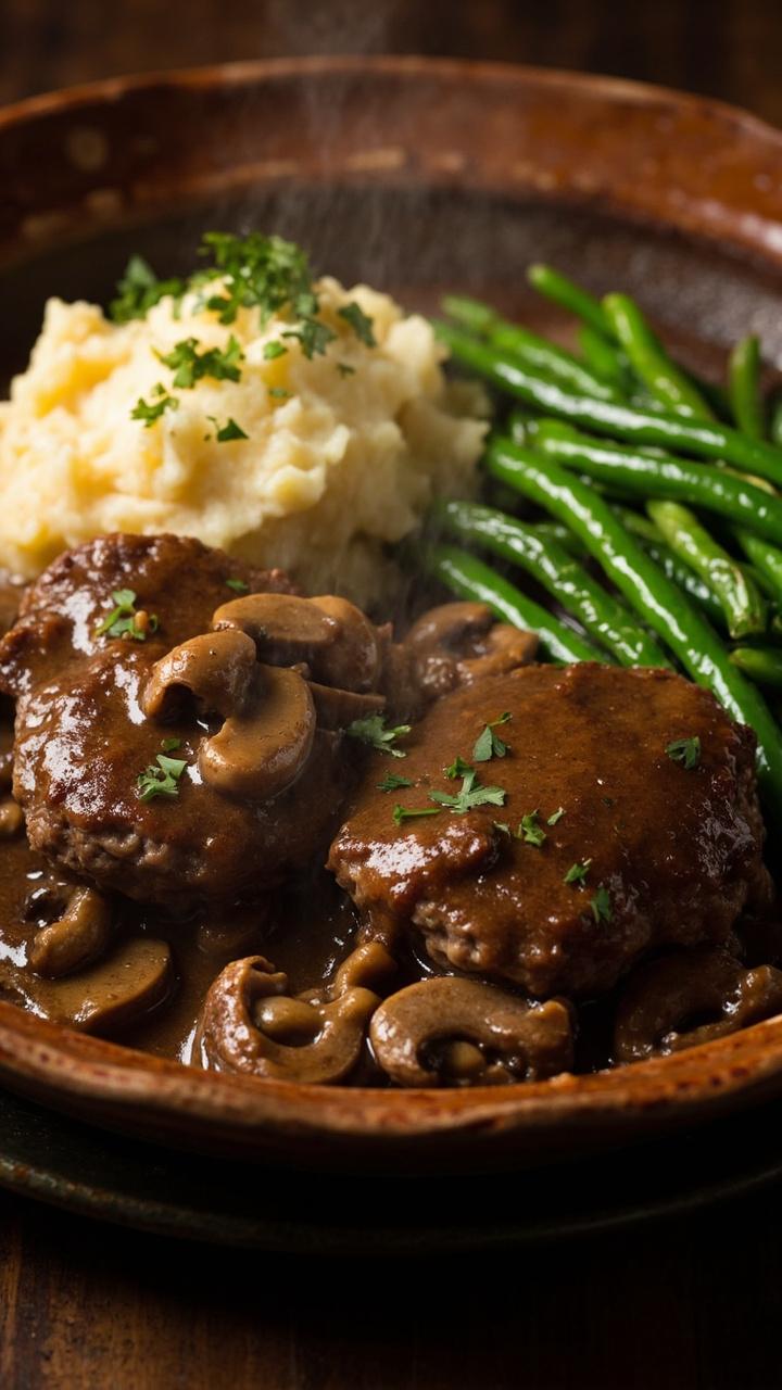 A shallow serving dish with oval beef patties covered in glossy brown mushroom gravy, sliced mushrooms visible, mashed potatoes on one side of the plate, steamed green beans on the other, a sprinkle of parsley