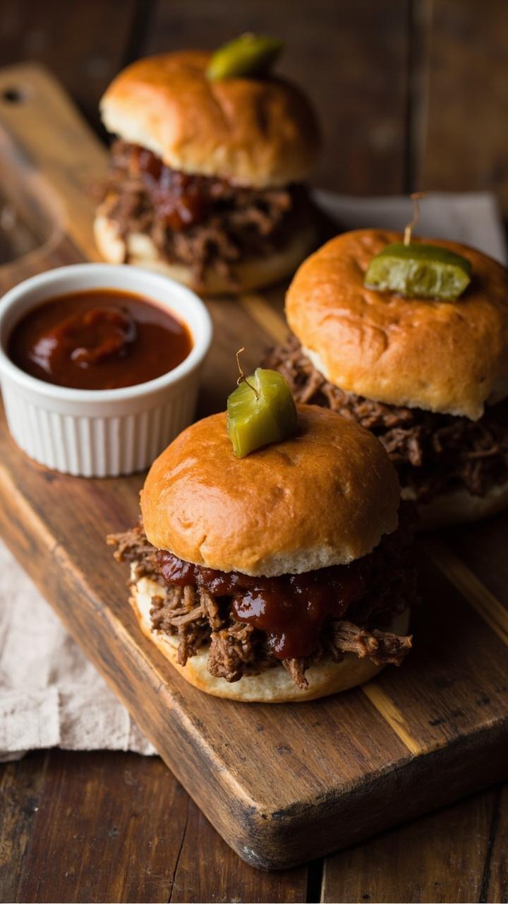 A small wooden board with three mini slider buns filled with saucy shredded ground beef and a sliver of pickle on top, a ramekin of extra BBQ sauce beside, a casual napkin below