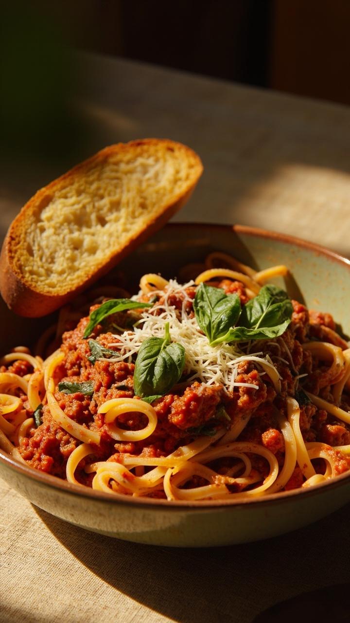 A shallow pasta bowl with tagliatelle ribbons twirled and covered in a chunky red ragu dotted with basil, grated Parmesan on top, a piece of toasted garlic bread resting on the rim, a linen placemat underneath