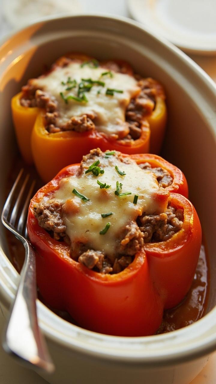 Two halved bell peppers upright in a small oval slow cooker filled with browned beef and rice filling topped with melted tomatoey cheese, a sprinkle of chopped parsley, a fork on a small plate beside