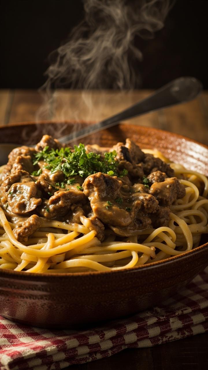 A bowl of wide egg noodles topped with creamy tan stroganoff sauce studded with ground beef and sliced mushrooms, a sprinkle of parsley, a spoon resting at the edge of the bowl, a checked napkin beneath