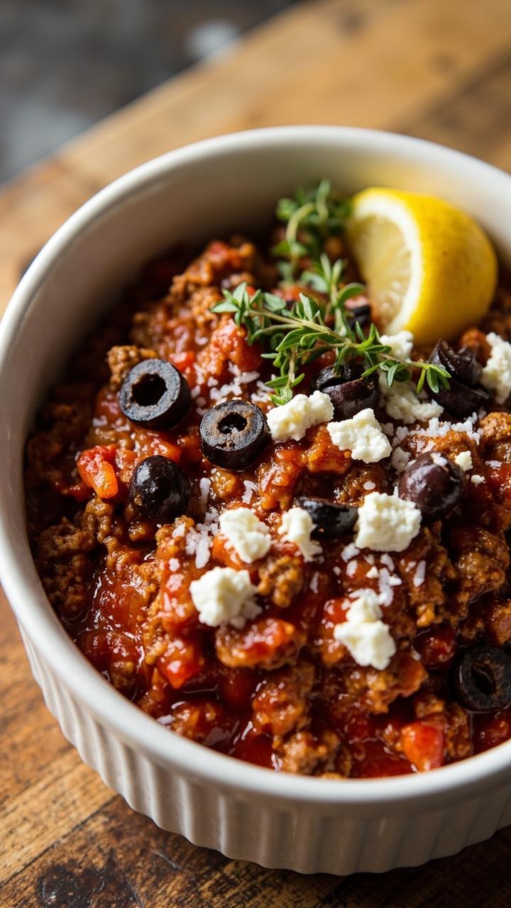 A shallow white bowl with tomatoey ground beef studded with chopped kalamata olives and crumbled feta on top, a lemon wedge on the side, a sprig of oregano, a rustic wooden board beneath