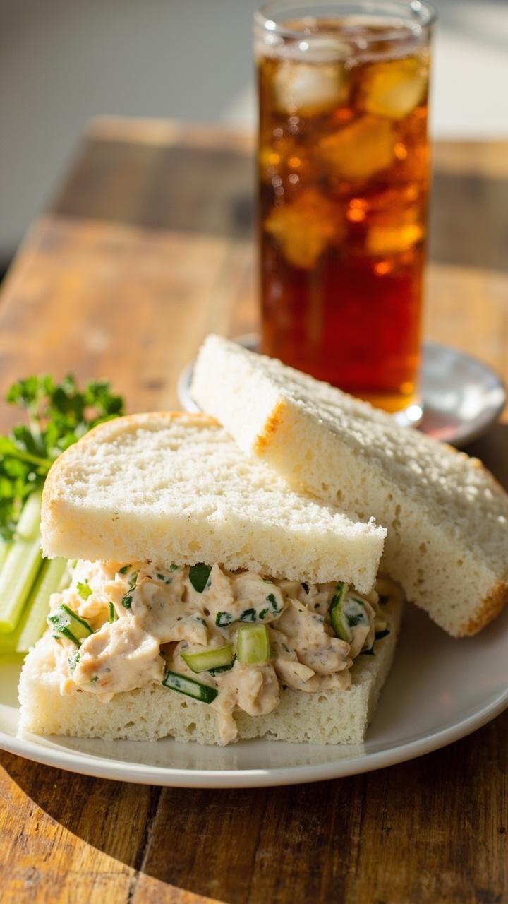 Two thick slices of soft white bread holding a generous scoop of pale tuna salad with visible flecks of celery and chopped parsley. The sandwich sits on a simple white plate with a sprig of parsley and a small mound of celery sticks. A glass of iced tea sits slightly blurred in the background on a wooden table.