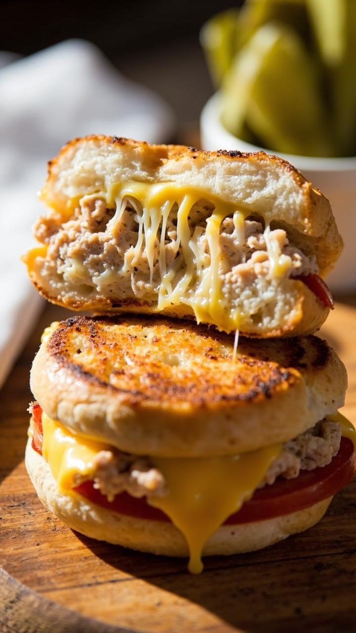 A toasted English muffin topped with golden melted cheddar, a thick slice of red tomato, and a bubbling layer of tuna, cut in half to show stringy cheese. The halves rest on a small wooden board with a folded napkin and a ramekin of pickles at the side.