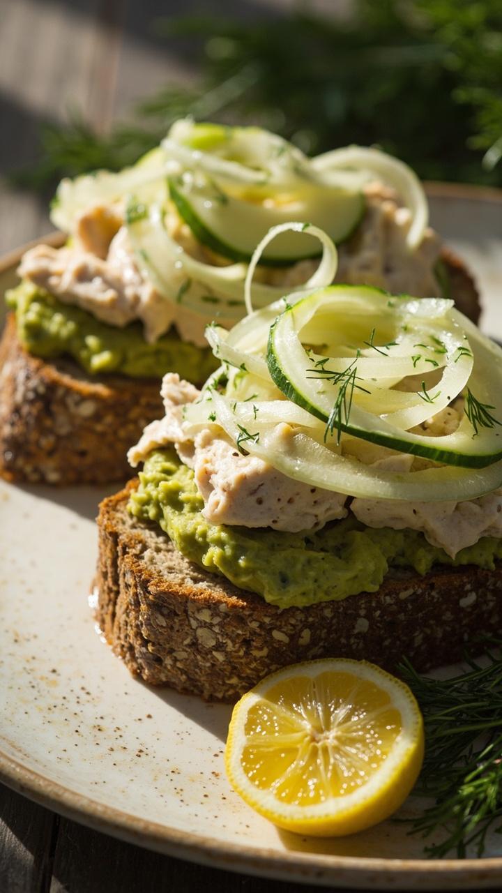 Two slices of whole grain bread layered with mashed avocado mixed with tuna, sprinkled with chopped dill and thin cucumber ribbons. The sandwich is on a rustic ceramic plate with a lemon wedge and a few dill sprigs beside it.