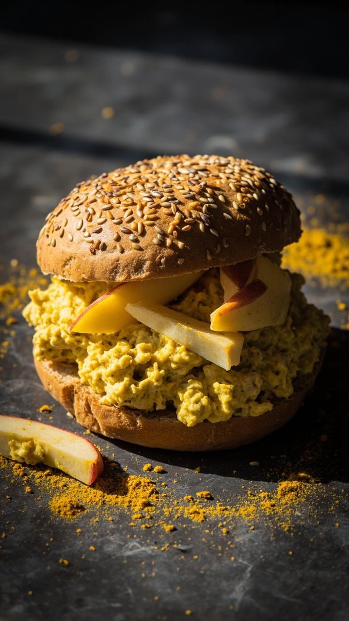 A rustic seeded roll split open with bright yellow curried tuna salad and slivered apple for crunch. The roll sits on a slate tile with a scattering of curry powder and a few apple slices beside it.