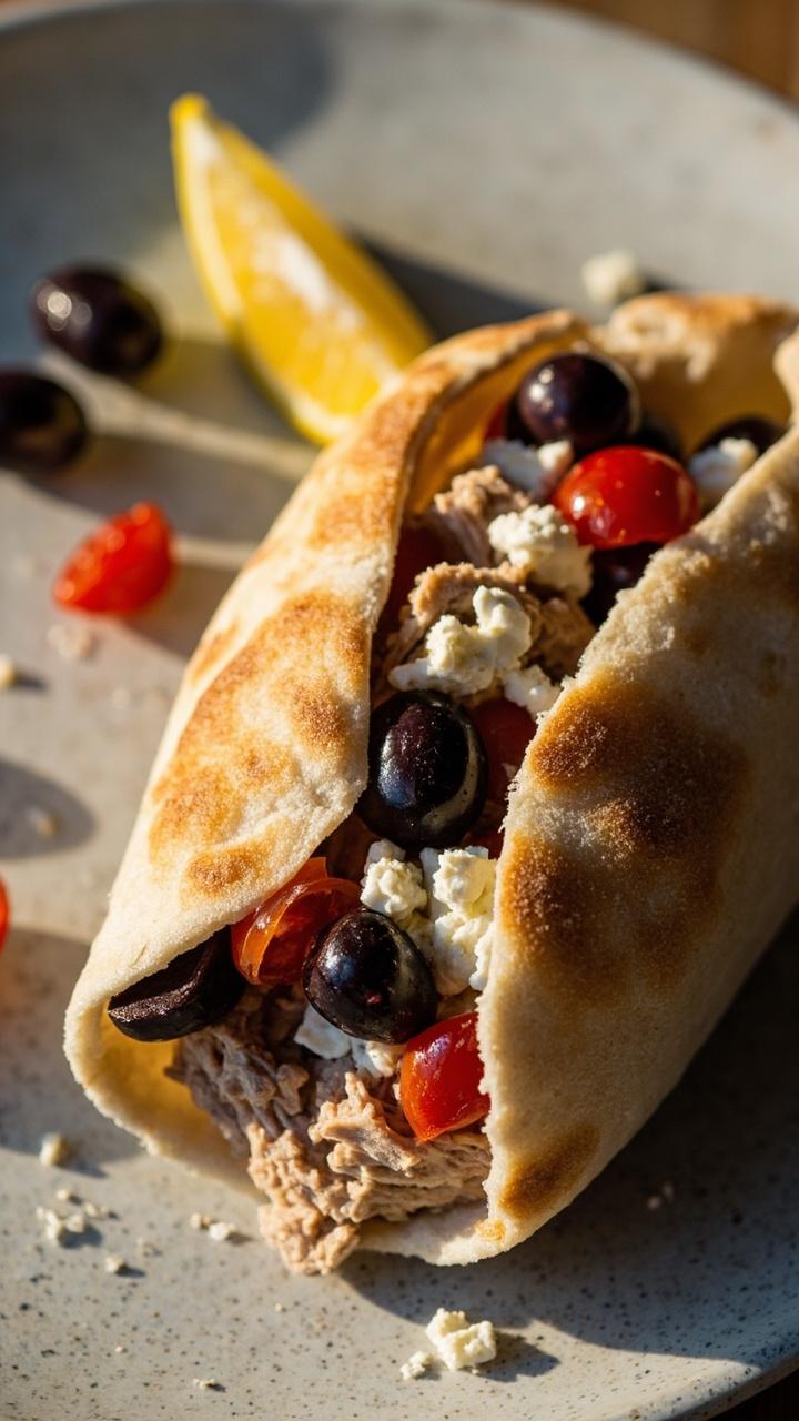 A halved pita pocket filled with tuna mixed with chopped kalamata olives, cherry tomatoes, and crumbled feta. The pita rests on a light stone plate with a few olives and a lemon wedge nearby.