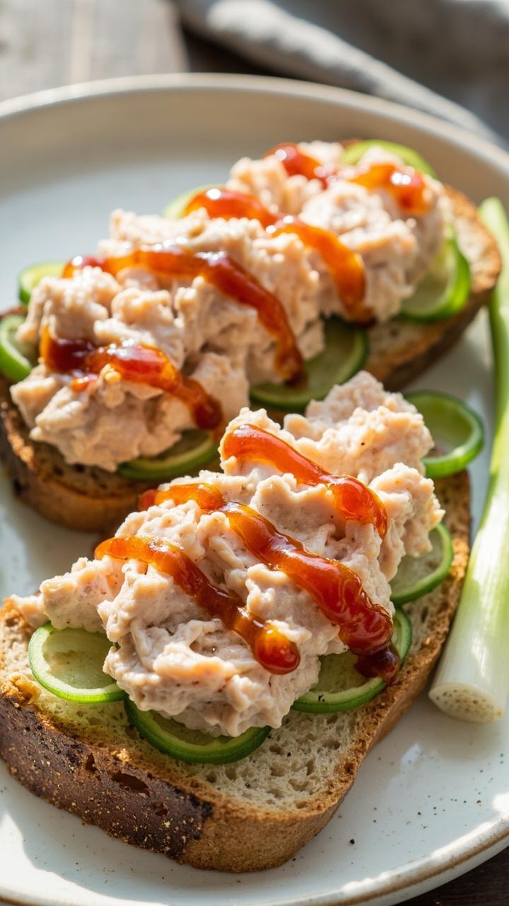 Two slices of toasted sourdough with a glossy, slightly pink tuna mixture edged by green scallion slices. A small drizzle of sriracha decorates the top and a few scallion stalks lie beside the plate.