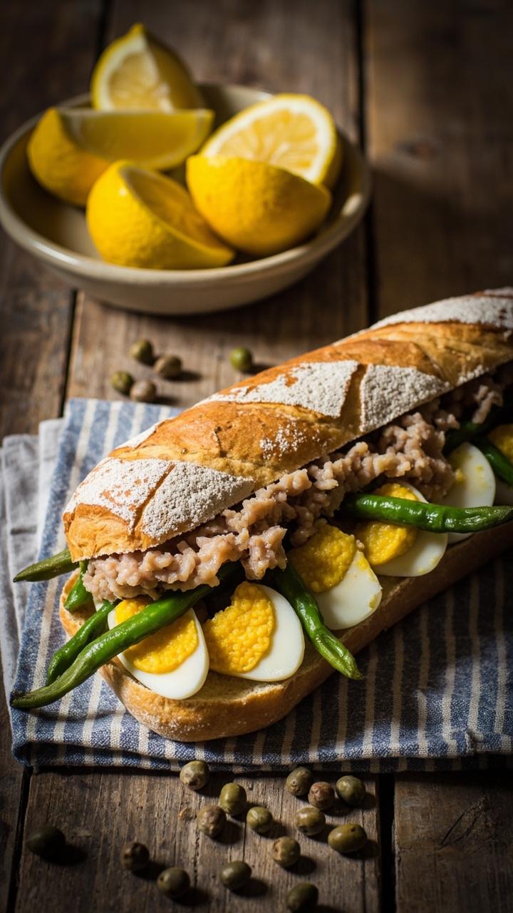 A crusty baguette filled with flaked tuna, quartered hard boiled egg slices, thin green beans, and black olive slices, a few capers scattered on the board. The baguette rests on a striped napkin with a simple ceramic dish of lemon wedges.