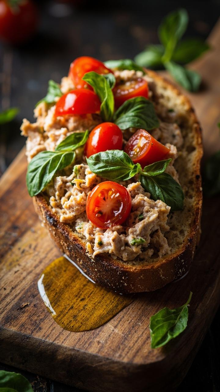 A toasted slice of ciabatta topped with a glossy tuna mixture, halved cherry tomatoes, and bright torn basil leaves. The slice sits on a wooden board with a drizzle of olive oil and a few scattered basil leaves.