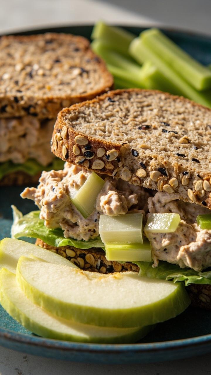 Two slices of multigrain bread with visible chunks of apple and celery in the tuna filling. The sandwich sits on a blue plate with thin apple slices fanned beside it and a few celery sticks for crunch.