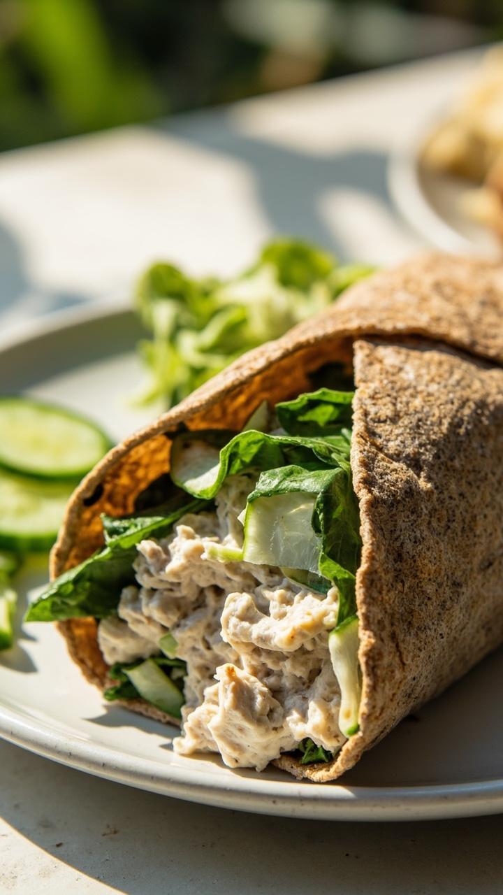 A whole wheat tortilla folded into a tight wrap with visible layers of creamy white tuna, thin cucumber ribbons, and dark green spinach. The wrap is cut on the diagonal and placed on a small plate with a few cucumber slices.