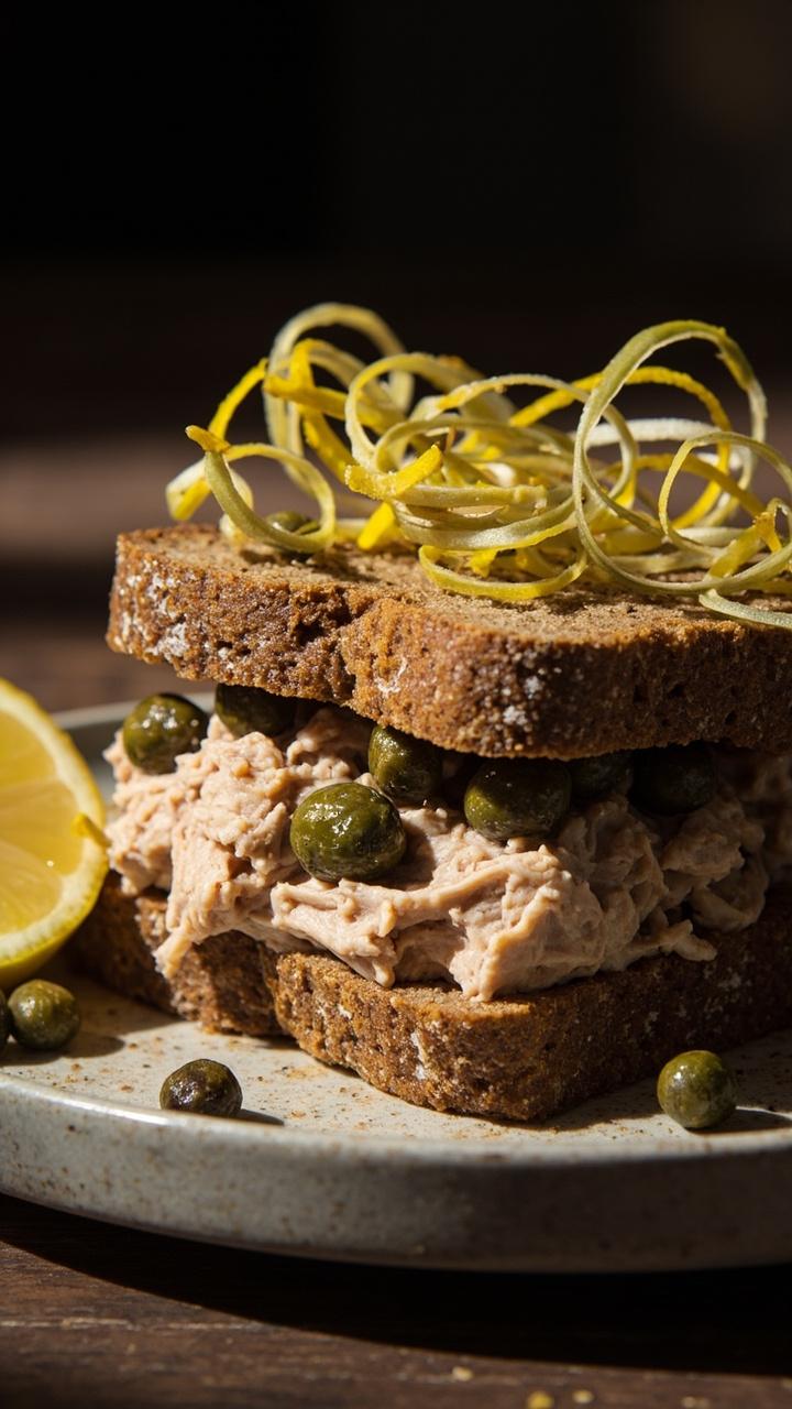 A sandwich on rye bread with a compact layer of tuna studded with capers and thin lemon zest curls on top. The sandwich rests on a small plate with a few capers scattered and a lemon half nearby.