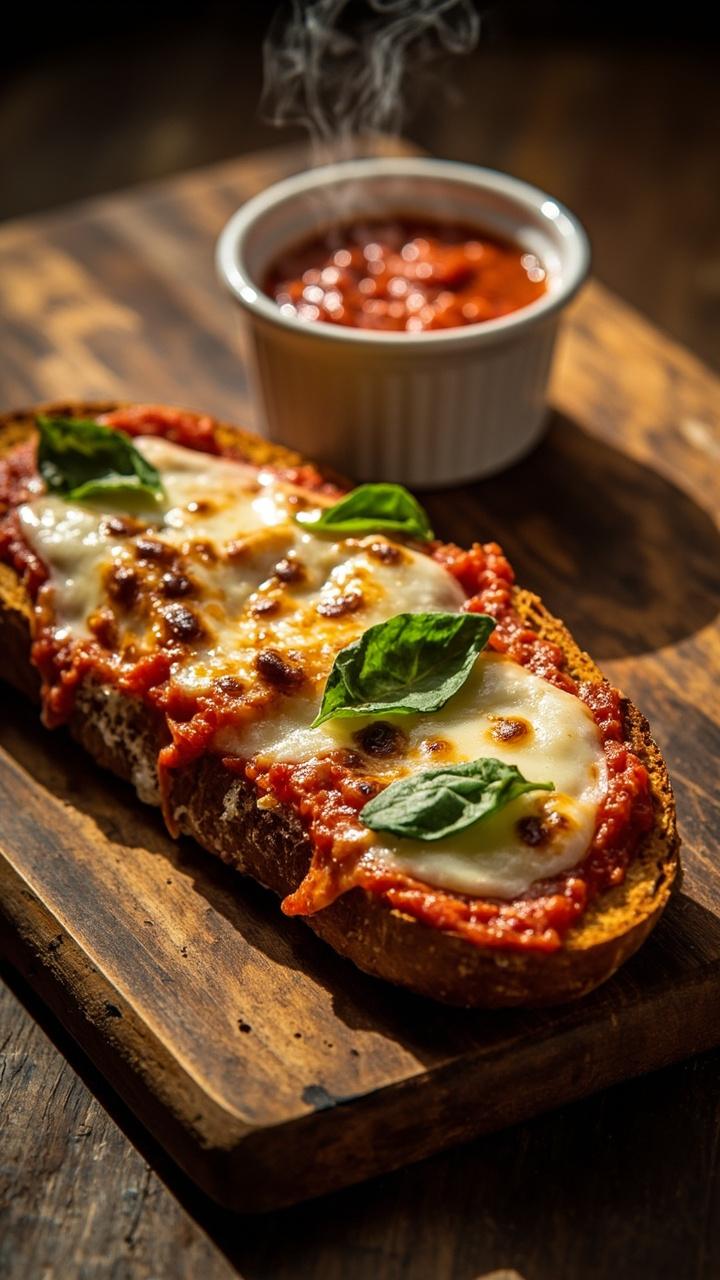 Two toasted French bread halves on a wooden cutting board topped with melted golden mozzarella patches, bright red tomato sauce pools, scattered fresh basil leaves, and a small white ramekin of extra sauce to the side Two toasted French bread halves on a wooden cutting board topped with melted golden mozzarella patches, bright red tomato sauce pools, scattered fresh basil leaves, and a small white ramekin of extra sauce to the side