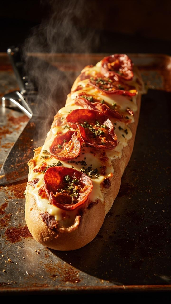One long French bread half on a metal baking tray topped with overlapping pepperoni slices browned at the edges, melted cheese bubbling, a scattering of dried oregano, and a folded pizza cutter nearby One long French bread half on a metal baking tray topped with overlapping pepperoni slices browned at the edges, melted cheese bubbling, a scattering of dried oregano, and a folded pizza cutter nearby