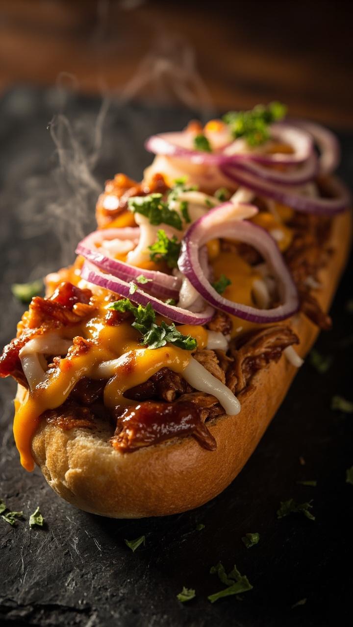 A single French bread half on a dark slate board topped with shredded BBQ chicken in a glossy sauce, melted cheddar and mozzarella blend, thin red onion rings, and a small handful of chopped cilantro sprinkled on top A single French bread half on a dark slate board topped with shredded BBQ chicken in a glossy sauce, melted cheddar and mozzarella blend, thin red onion rings, and a small handful of chopped cilantro sprinkled on top