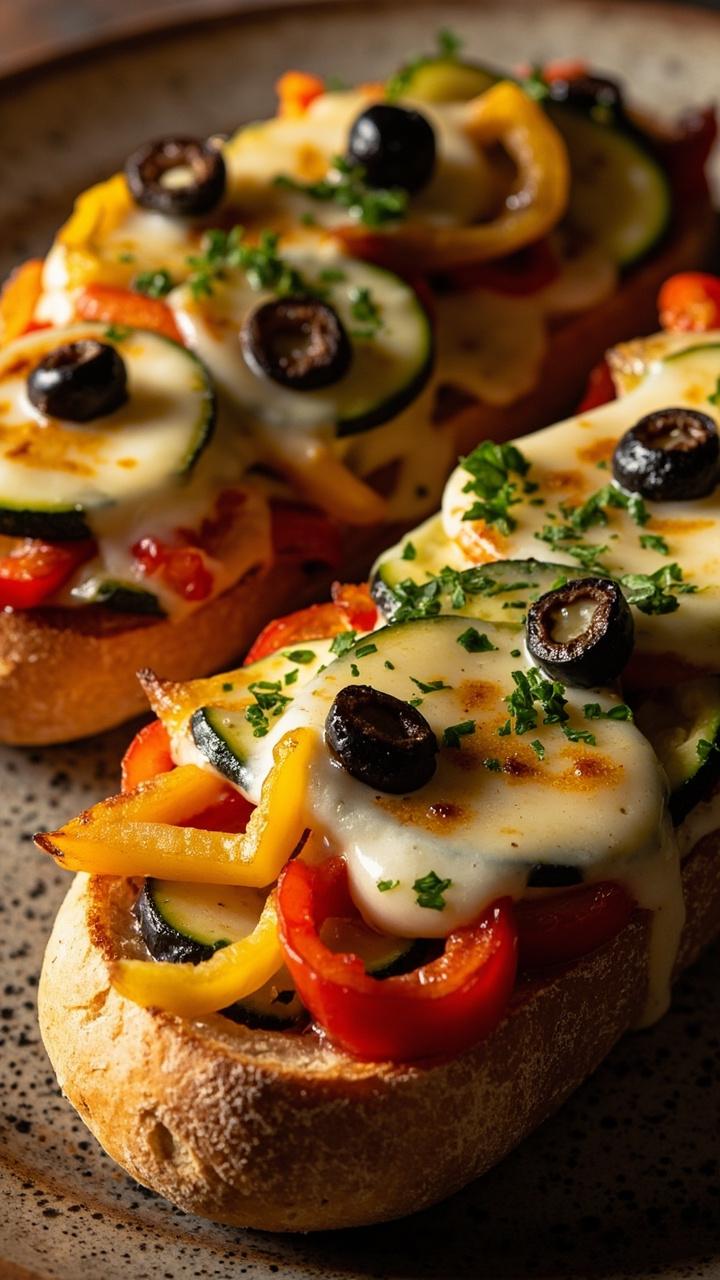 Two French bread halves on a ceramic plate layered with red and yellow bell pepper strips, thin zucchini rounds, black olive slices, melted mozzarella, and a sprinkle of fresh parsley Two French bread halves on a ceramic plate layered with red and yellow bell pepper strips, thin zucchini rounds, black olive slices, melted mozzarella, and a sprinkle of fresh parsley