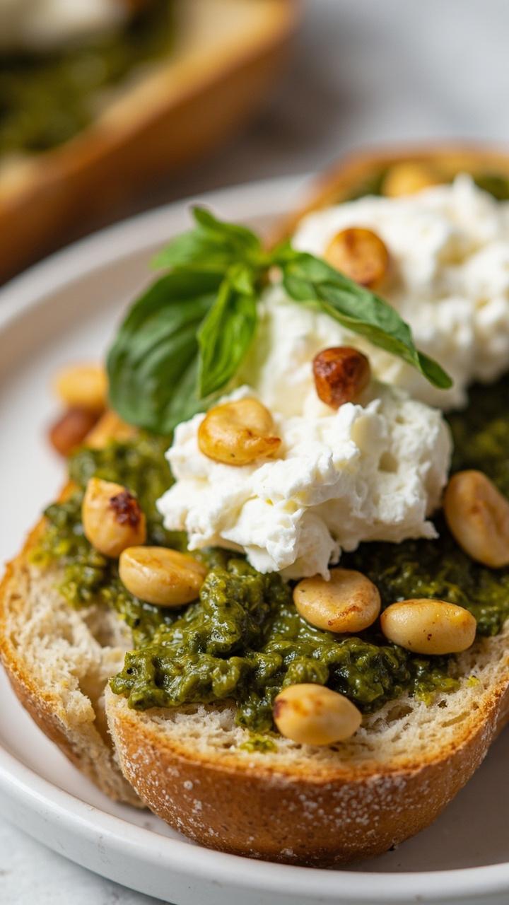 One halved French loaf on a white plate spread with vibrant green pesto, dollops of creamy goat cheese melted into peaks, toasted pine nuts sprinkled, and a small basil sprig as garnish One halved French loaf on a white plate spread with vibrant green pesto, dollops of creamy goat cheese melted into peaks, toasted pine nuts sprinkled, and a small basil sprig as garnish
