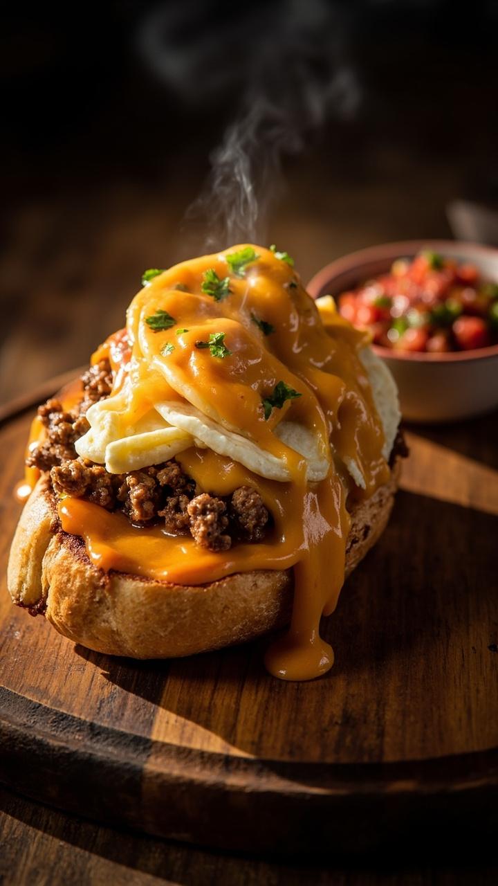 A French bread half on a wooden board topped with crumbled browned breakfast sausage, slices of soft set baked egg, melted cheddar, and a small bowl of salsa on the side A French bread half on a wooden board topped with crumbled browned breakfast sausage, slices of soft set baked egg, melted cheddar, and a small bowl of salsa on the side
