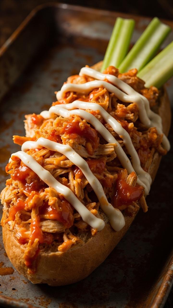 A French bread half on a metal tray topped with shredded buffalo sauced chicken, melted mozzarella, thin celery sticks on the side, and a drizzle of blue cheese dressing A French bread half on a metal tray topped with shredded buffalo sauced chicken, melted mozzarella, thin celery sticks on the side, and a drizzle of blue cheese dressing