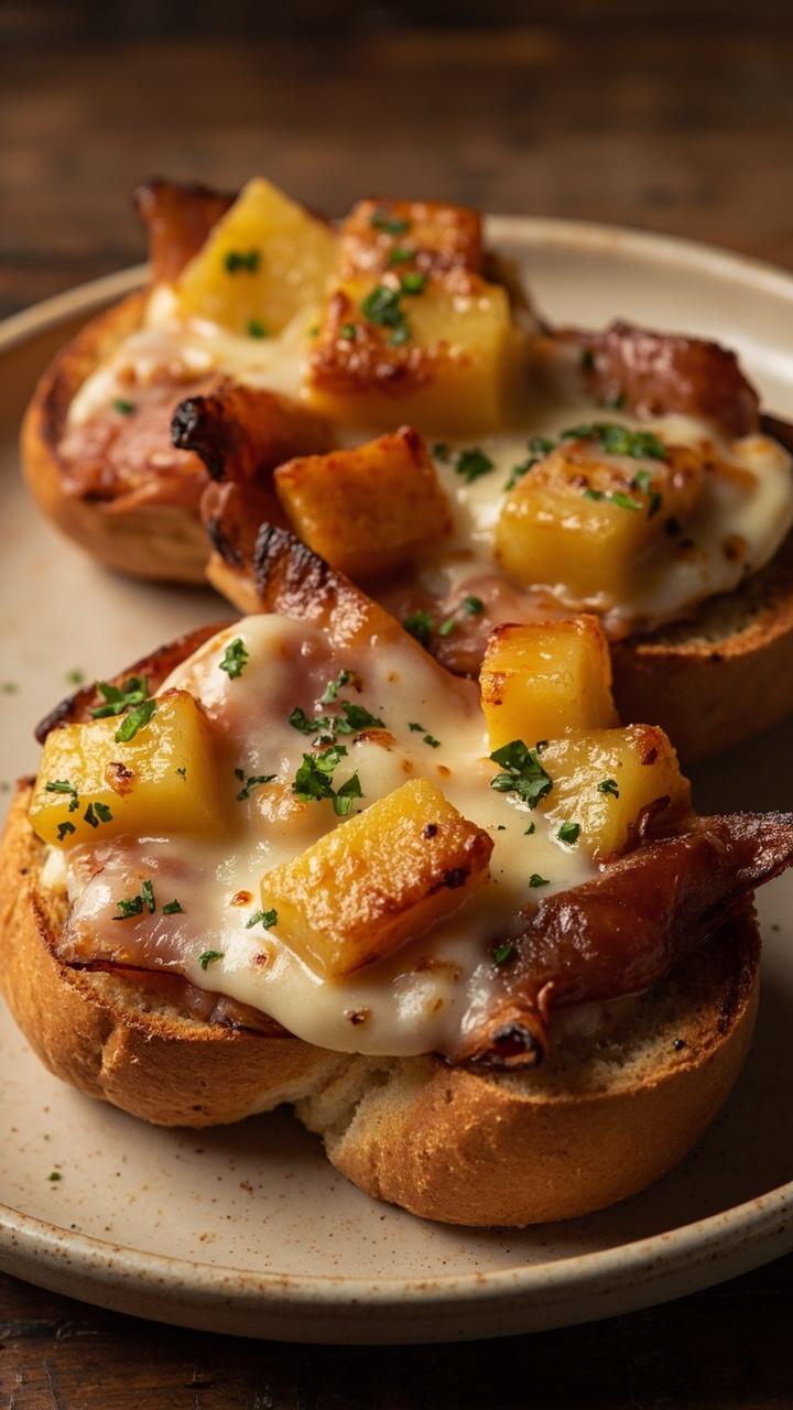 Two halves of French bread on a simple plate topped with browned ham pieces, caramelized pineapple chunks, melted mozzarella, and a light sprinkle of chopped parsley Two halves of French bread on a simple plate topped with browned ham pieces, caramelized pineapple chunks, melted mozzarella, and a light sprinkle of chopped parsley