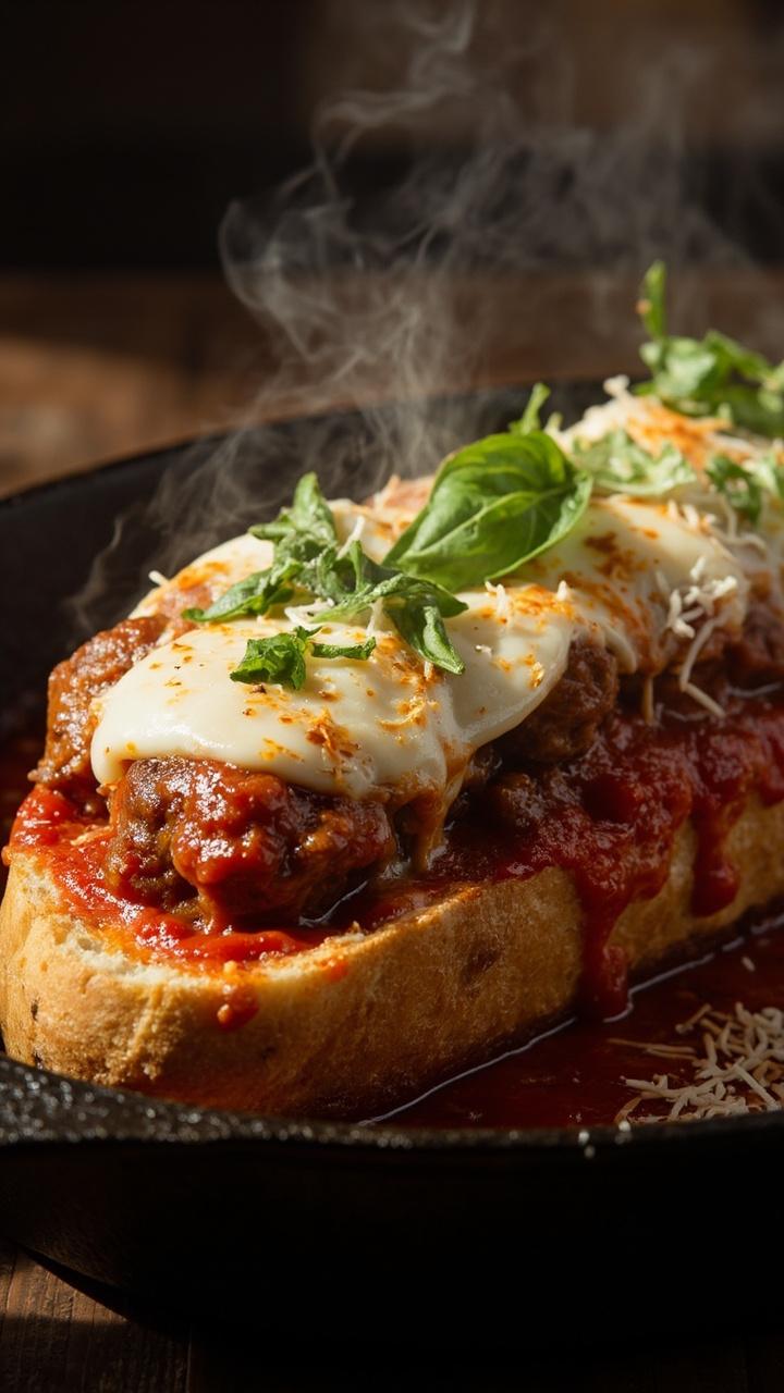 A French bread half on a cast iron skillet topped with sliced browned meatballs in tomato sauce, melted mozzarella, grated Parmesan, and a sprinkle of chopped basil A French bread half on a cast iron skillet topped with sliced browned meatballs in tomato sauce, melted mozzarella, grated Parmesan, and a sprinkle of chopped basil