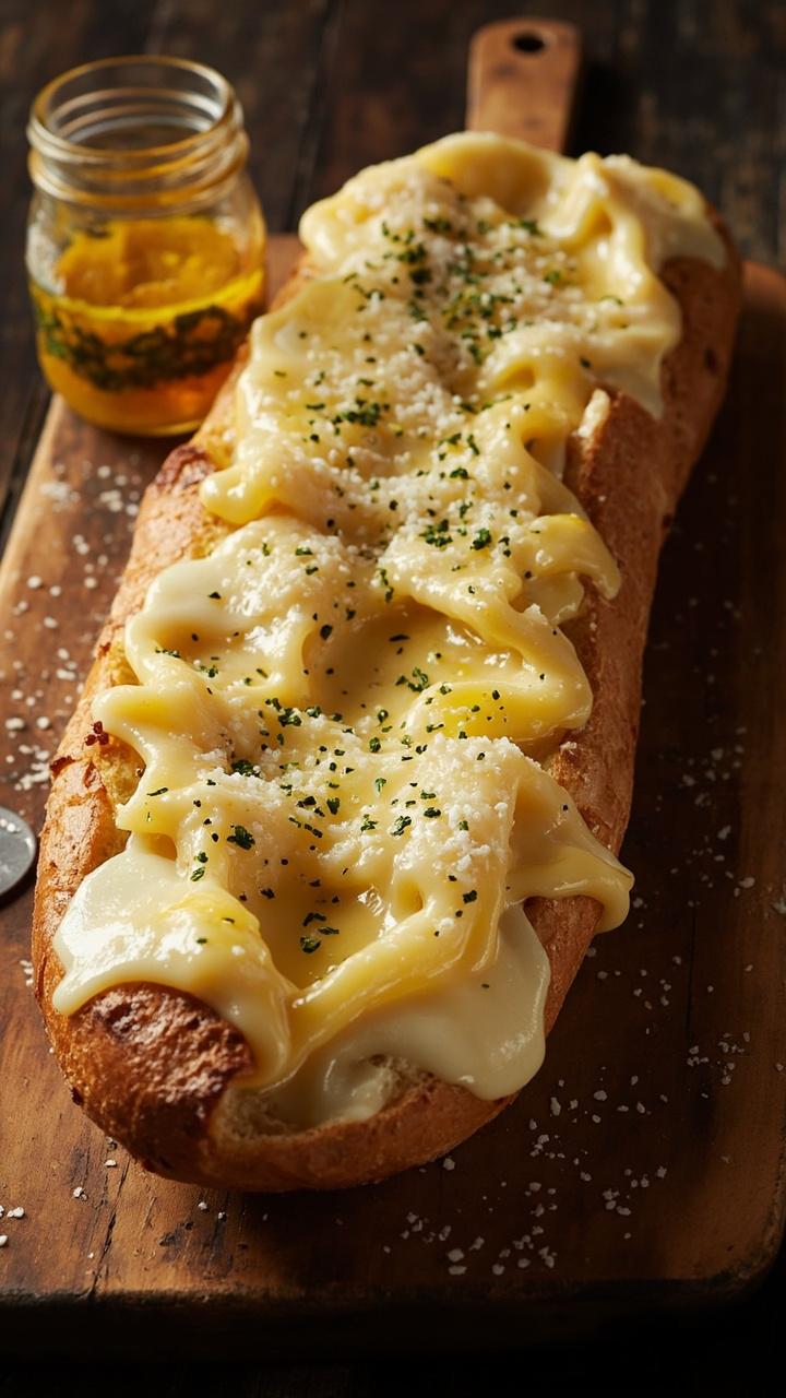 A long French bread half on a wooden board brushed with golden garlic butter, melted mozzarella and fontina layered, a dusting of grated Parmesan, and a small jar of extra garlic butter to the side A long French bread half on a wooden board brushed with golden garlic butter, melted mozzarella and fontina layered, a dusting of grated Parmesan, and a small jar of extra garlic butter to the side