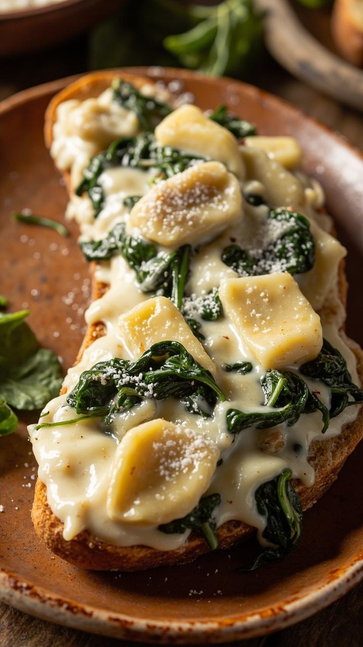 A French bread half on a ceramic platter topped with a creamy white sauce loaded with spinach and artichoke pieces, melted melted mozzarella patches, and a light dusting of grated Parmesan A French bread half on a ceramic platter topped with a creamy white sauce loaded with spinach and artichoke pieces, melted melted mozzarella patches, and a light dusting of grated Parmesan