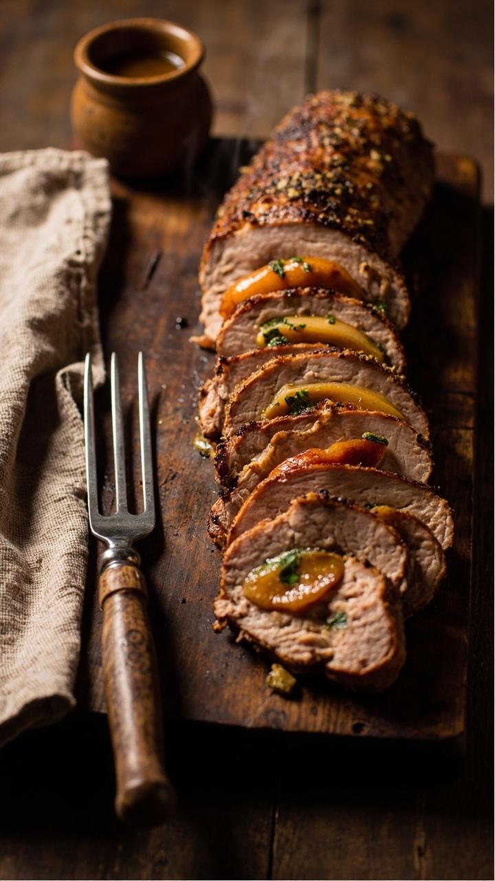 Sliced pork tenderloin arranged in a fan on a wooden board with thin golden apple slices tucked between cuts. Filling glimpses of chopped sage and caramelized apple pieces. A small ramekin of pan juices at the edge. Rustic linen napkin and a wooden carving fork on the side. Sliced pork tenderloin arranged in a fan on a wooden board with thin golden apple slices tucked between cuts. Filling glimpses of chopped sage and caramelized apple pieces. A small ramekin of pan juices at the edge. Rustic linen napkin and a wooden carving fork on the side.