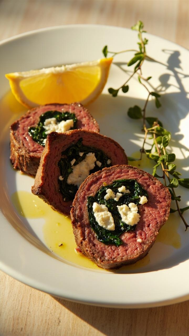Cross section slices of tenderloin showing flecks of wilted deep green spinach and crumbled white feta. A simple white oval plate with a drizzle of olive oil and a lemon wedge. Light wooden table and a sprig of fresh oregano as garnish. Cross section slices of tenderloin showing flecks of wilted deep green spinach and crumbled white feta. A simple white oval plate with a drizzle of olive oil and a lemon wedge. Light wooden table and a sprig of fresh oregano as garnish.