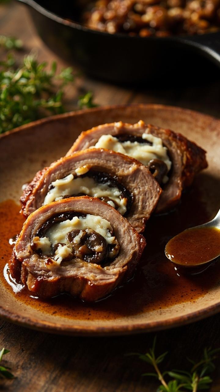 Thick slices of pork showing a dark mushroom filling scattered with creamy white goat cheese. A warm brown ceramic plate with a spoon of mushroom pan sauce beside the meat. Fresh thyme sprigs and a cast iron skillet blurred in the background. Thick slices of pork showing a dark mushroom filling scattered with creamy white goat cheese. A warm brown ceramic plate with a spoon of mushroom pan sauce beside the meat. Fresh thyme sprigs and a cast iron skillet blurred in the background.