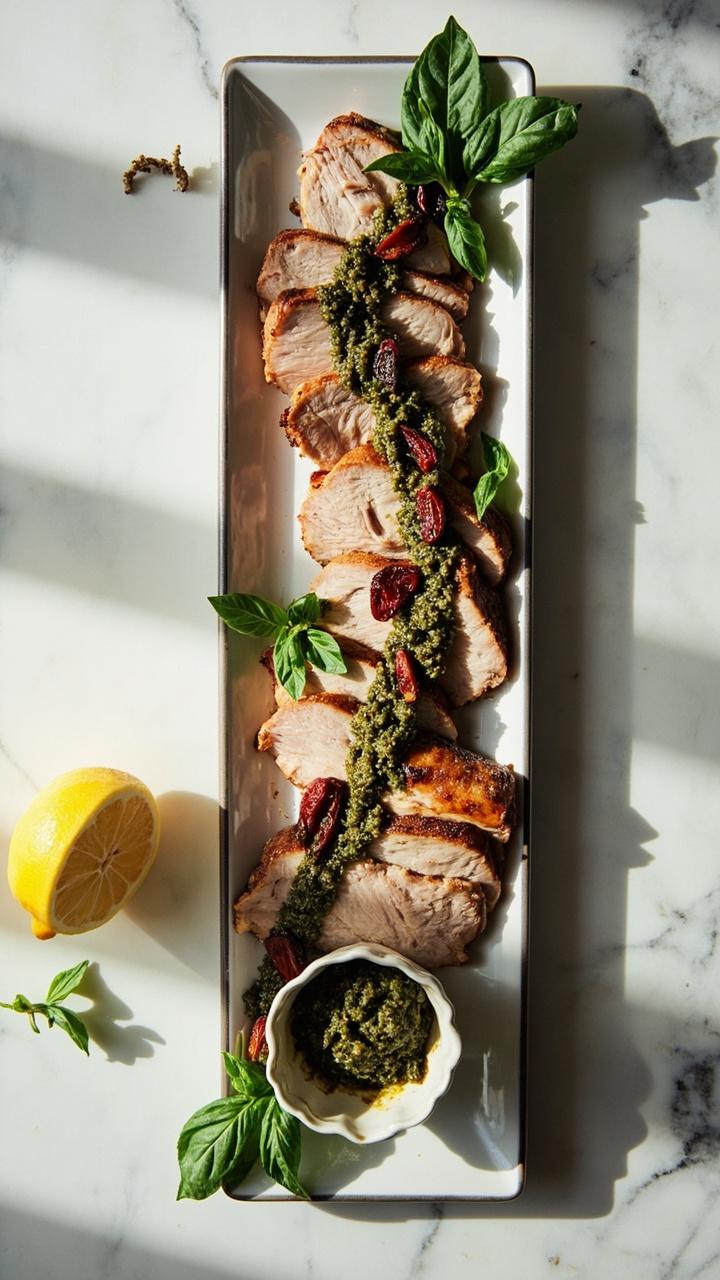 Slices of pork lined on a long platter with a green pesto ribbon along one side and bits of deep red sun dried tomato visible in the filling. Fresh basil leaves and a small bowl of extra pesto for passing. Marble countertop and a lemon half nearby. Slices of pork lined on a long platter with a green pesto ribbon along one side and bits of deep red sun dried tomato visible in the filling. Fresh basil leaves and a small bowl of extra pesto for passing. Marble countertop and a lemon half nearby.
