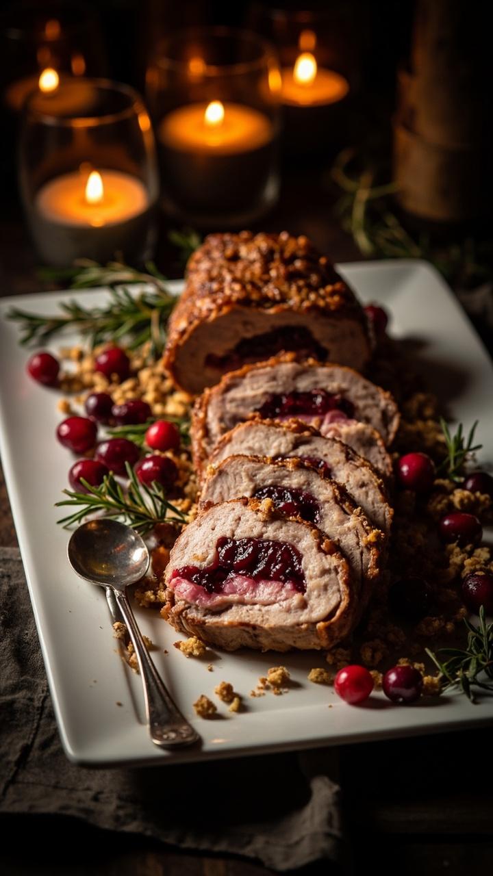 Sliced pork with a ribbon of ruby red cranberry pieces and toasted walnut crumbs visible in the filling. A white serving platter with scattered whole cranberries and a sprig of rosemary. Warm candlelight mood and a simple gravy spoon. Sliced pork with a ribbon of ruby red cranberry pieces and toasted walnut crumbs visible in the filling. A white serving platter with scattered whole cranberries and a sprig of rosemary. Warm candlelight mood and a simple gravy spoon.
