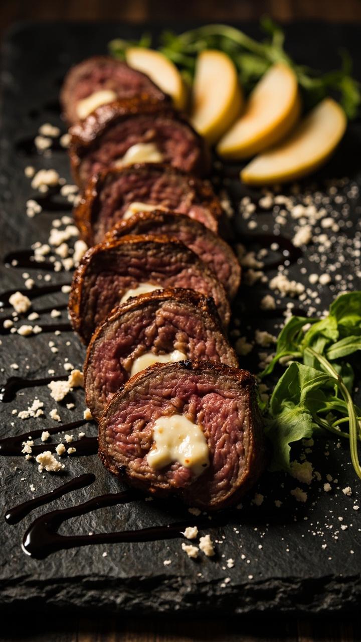 Sliced tenderloin with a creamy pale blue filling and thin slices of ripe pear fanned at the edge of the plate. A slate serving board with crushed blue cheese crumbs sprinkled around. Fresh arugula for color and a small drizzle of balsamic reduction. Sliced tenderloin with a creamy pale blue filling and thin slices of ripe pear fanned at the edge of the plate. A slate serving board with crushed blue cheese crumbs sprinkled around. Fresh arugula for color and a small drizzle of balsamic reduction.