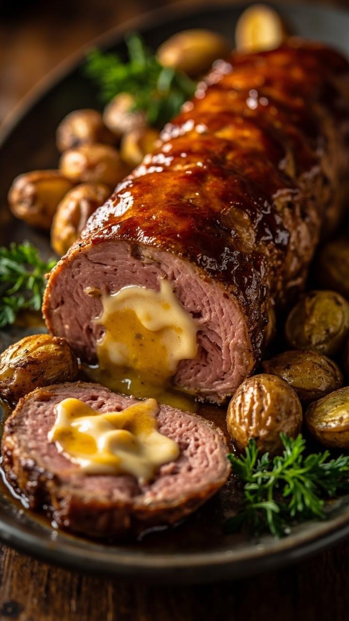 Golden roasted tenderloin sliced to reveal melted pale yellow Swiss and thin ham folds. A glossy brown Dijon glaze brushed over the top. A long oval platter with roasted fingerling potatoes and a few parsley sprigs. Golden roasted tenderloin sliced to reveal melted pale yellow Swiss and thin ham folds. A glossy brown Dijon glaze brushed over the top. A long oval platter with roasted fingerling potatoes and a few parsley sprigs.