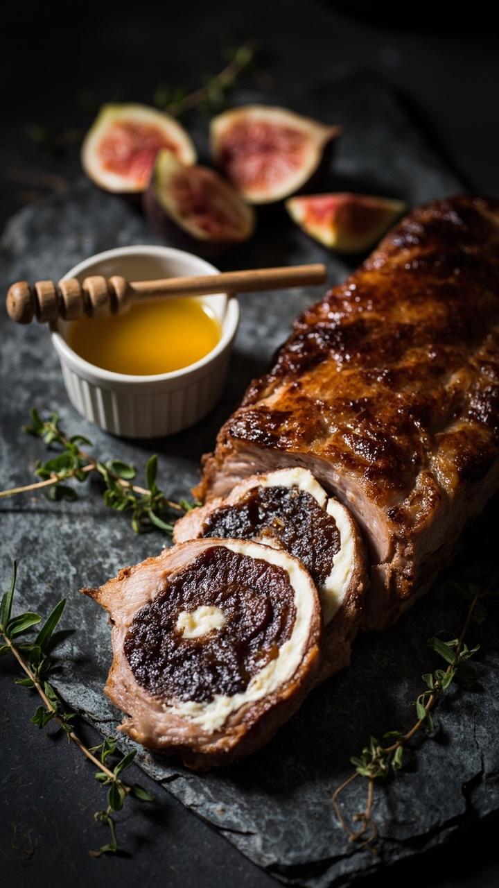 Slices of pork showing a dark fig paste and white goat cheese swirl. A slate board with halved fresh figs and a small honey dipper resting across a ramekin of honey. Fresh thyme leaves scattered for color. Slices of pork showing a dark fig paste and white goat cheese swirl. A slate board with halved fresh figs and a small honey dipper resting across a ramekin of honey. Fresh thyme leaves scattered for color.