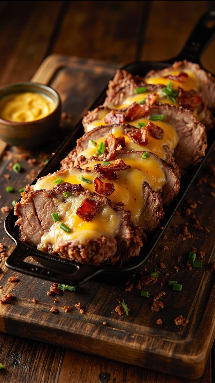 Thick slices of pork with melted cheddar and bits of crunchy bacon peeking out. A cast iron skillet with extra bacon crumbs and a sprinkle of chopped chives. Rustic cutting board and a small bowl of mustard aioli. Thick slices of pork with melted cheddar and bits of crunchy bacon peeking out. A cast iron skillet with extra bacon crumbs and a sprinkle of chopped chives. Rustic cutting board and a small bowl of mustard aioli.