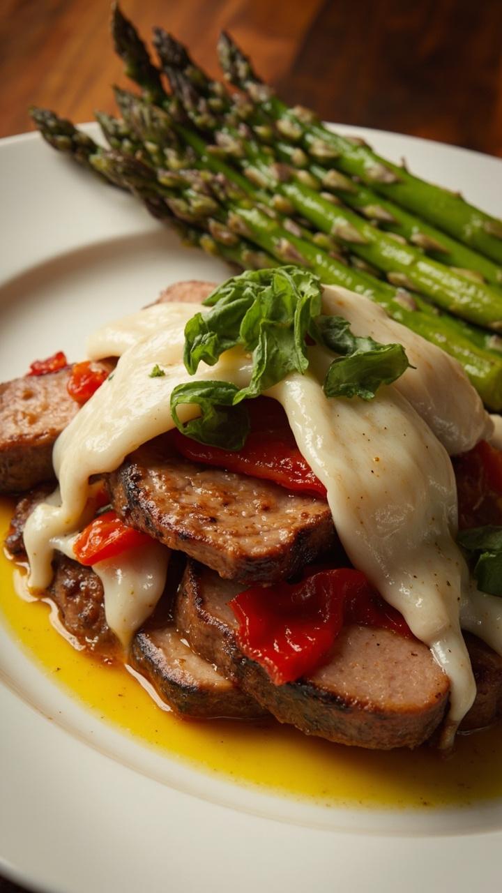 Slices of pork with strings of melted ivory mozzarella and pieces of roasted red pepper. A white platter with torn basil leaves and a drizzle of olive oil. A side of roasted asparagus on the same plate. Slices of pork with strings of melted ivory mozzarella and pieces of roasted red pepper. A white platter with torn basil leaves and a drizzle of olive oil. A side of roasted asparagus on the same plate.