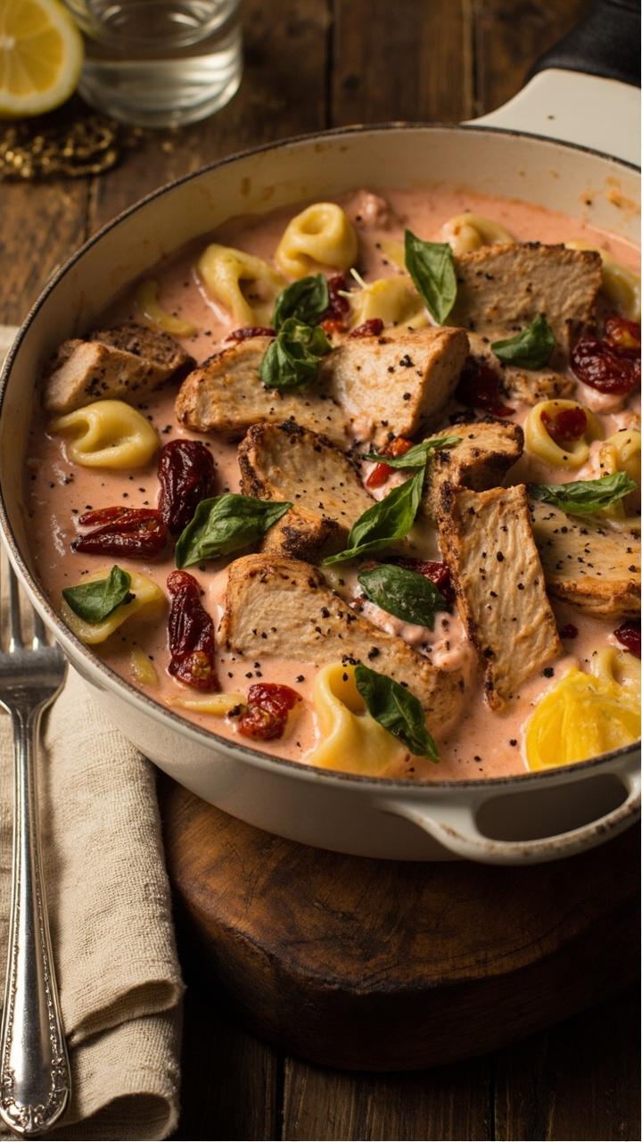 A shallow white skillet on a wooden trivet with plump cheese tortellini coated in creamy pink sauce. Sliced golden seared chicken breasts fanned on top. Scattered sun dried tomato pieces and torn fresh basil leaves. A small wedge of lemon on the side and a linen napkin beneath a fork.