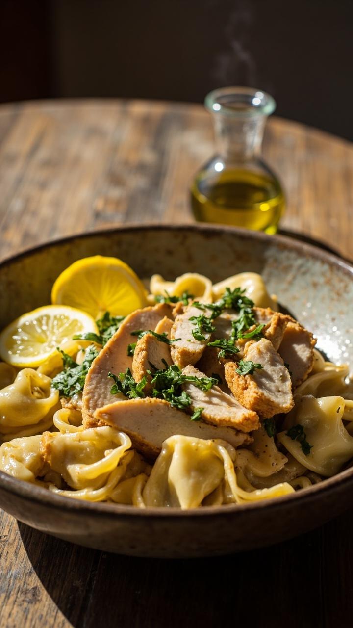 A shallow pasta bowl with glossy tortellini tossed in light lemon garlic sauce. Thin slices of pan seared chicken along one side. Bright lemon wedges and chopped parsley sprinkled across the dish. A wooden table surface and a small olive oil cruet in the background.
