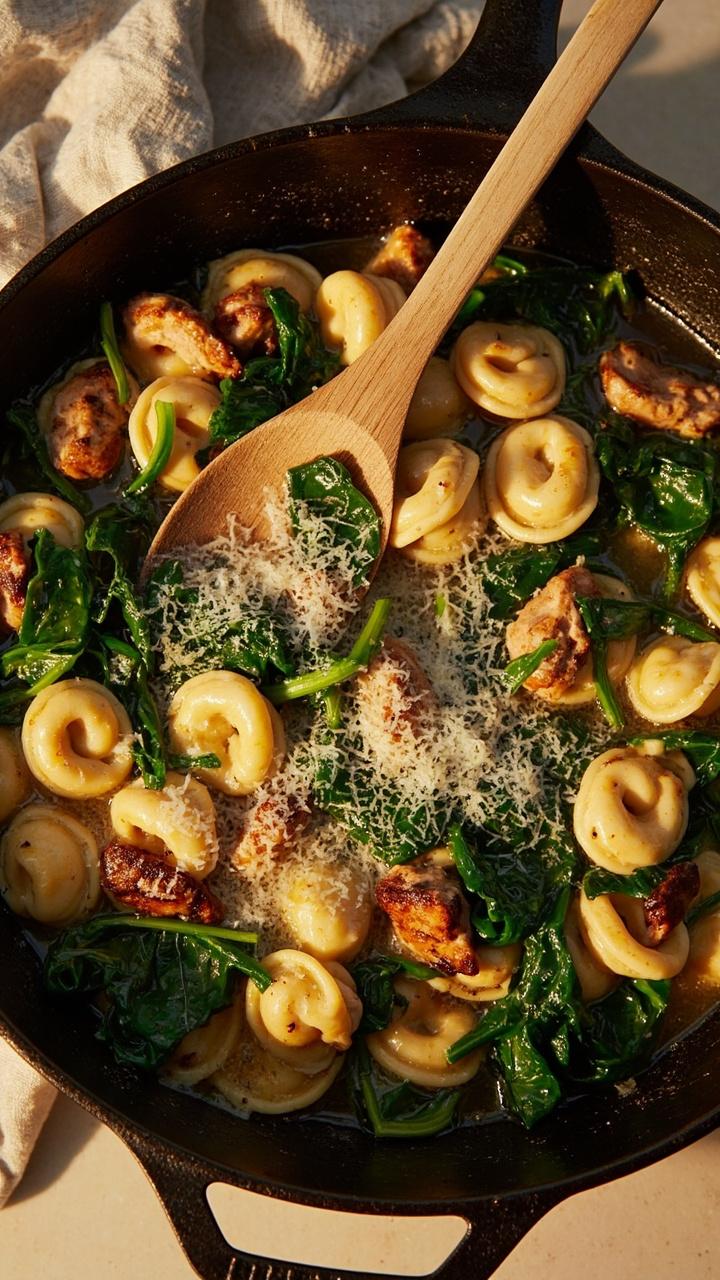 A deep cast iron skillet filled with tender tortellini, wilted bright green spinach leaves, and chunks of browned chicken. A light broth sheen on the pasta and a scattering of grated parmesan. A wooden spoon rests in the pan and a folded dish towel sits nearby.