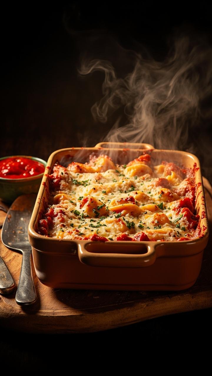 A rectangular baking dish straight from the oven with bubbling tomato sauce and melted golden cheese. Visible cheese tortellini peeking from under a crust of parmesan and herb flecks. A wooden cutting board with a serving spatula and a small bowl of extra sauce beside the casserole.