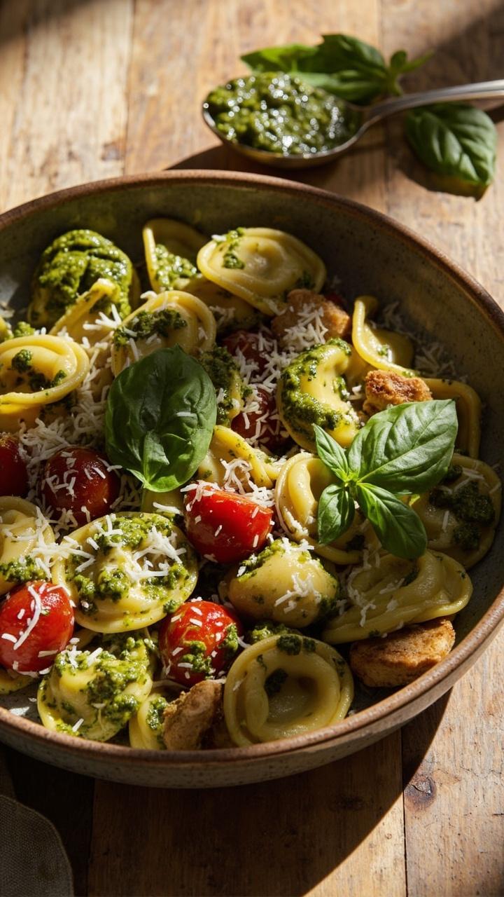 A shallow bowl of cheese tortellini tossed in green pesto. Halved roasted cherry tomatoes scattered across the top with bite sized pieces of seared chicken. A sprinkle of grated parmesan and a few basil leaves for color. A light wooden table and small spoon of pesto at the side.