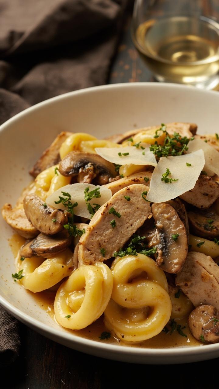 A shallow white bowl filled with tortellini and sliced sautéed mushrooms in a glossy light cream and wine sauce. Sliced chicken breasts nestled into the pasta. A light sprinkling of chopped parsley and shaved parmesan on top. A dark napkin and a small wine glass in the background.