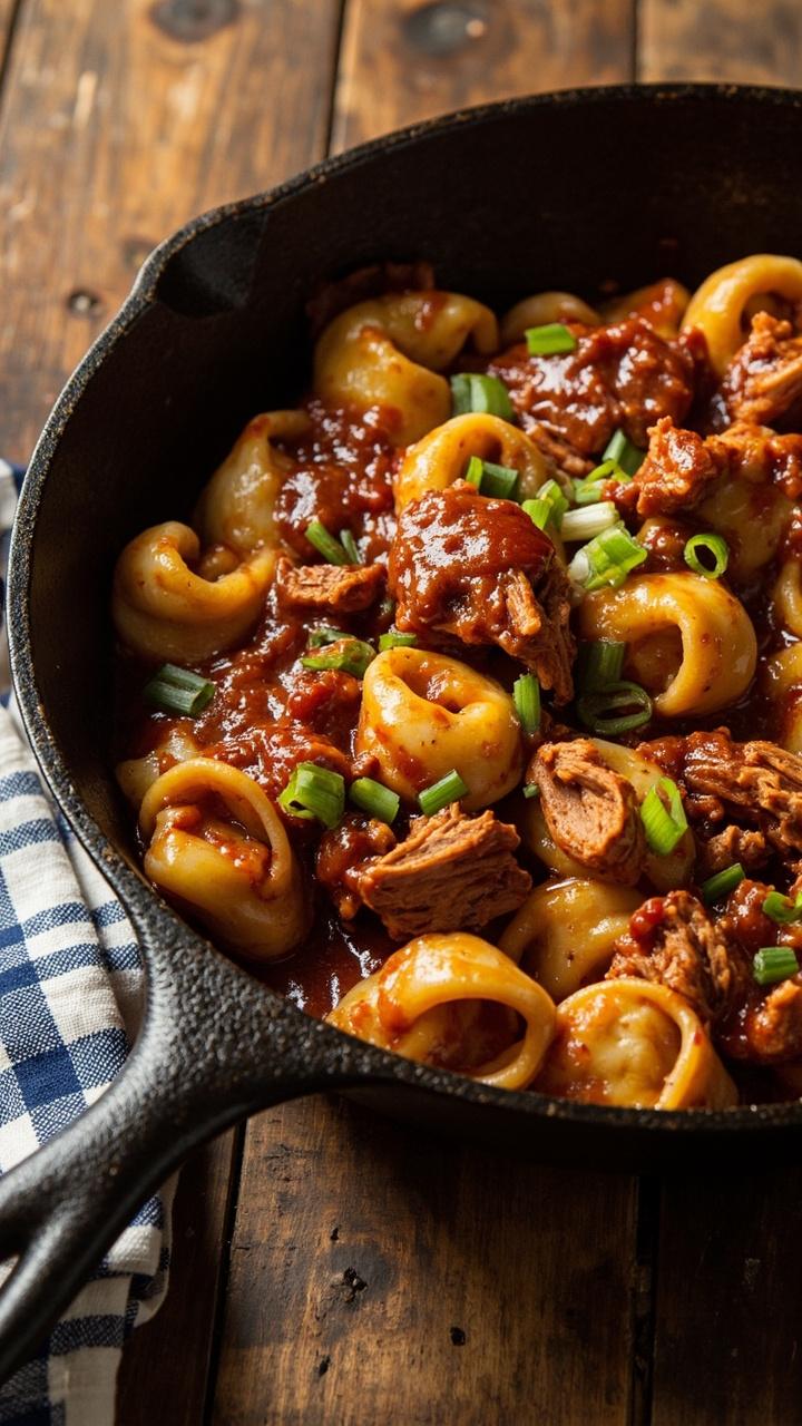 A shallow cast iron skillet with tortellini coated in glossy barbecue sauce. Chunky pieces of shredded BBQ chicken mixed through. A sprinkle of chopped green onion and a few corn kernels on top for color. A rustic wooden table and a checked napkin visible.