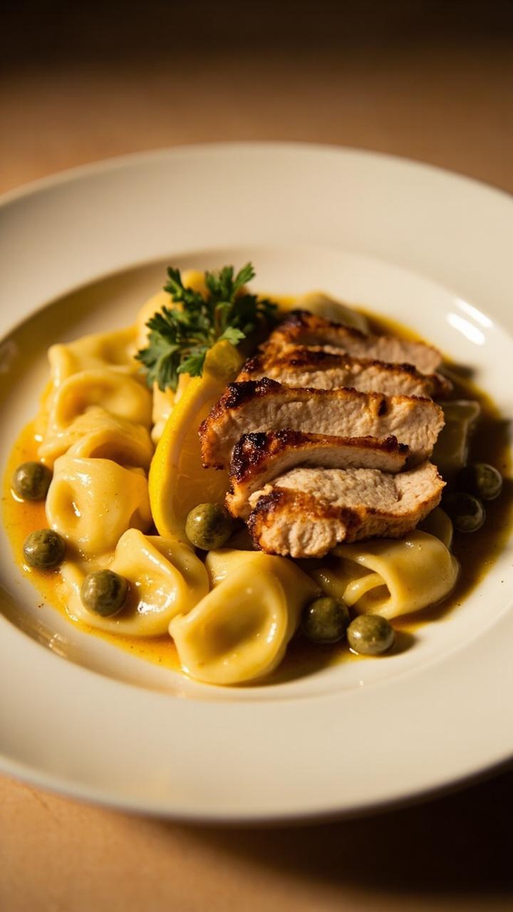 A shallow white plate with tortellini nestled in a glossy lemon caper sauce. Thin slices of pan seared chicken arranged on top. Small caper buds and a lemon wedge placed beside the chicken. A sprig of parsley for color on the edge of the plate.