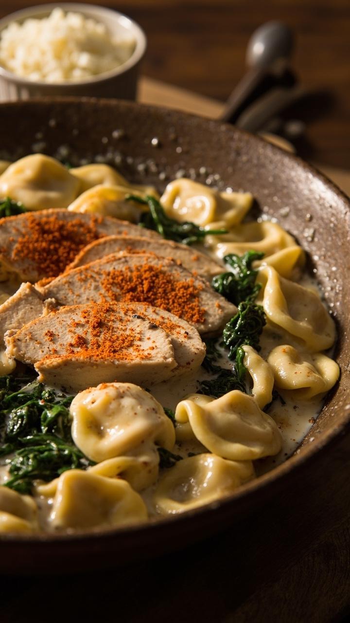 A deep serving bowl filled with creamy white sauce coated tortellini. Chopped artichoke hearts and wilted dark green spinach mixed through. Sliced golden chicken pieces arranged on top and a light dusting of paprika for color. A small ramekin of extra grated cheese nearby.