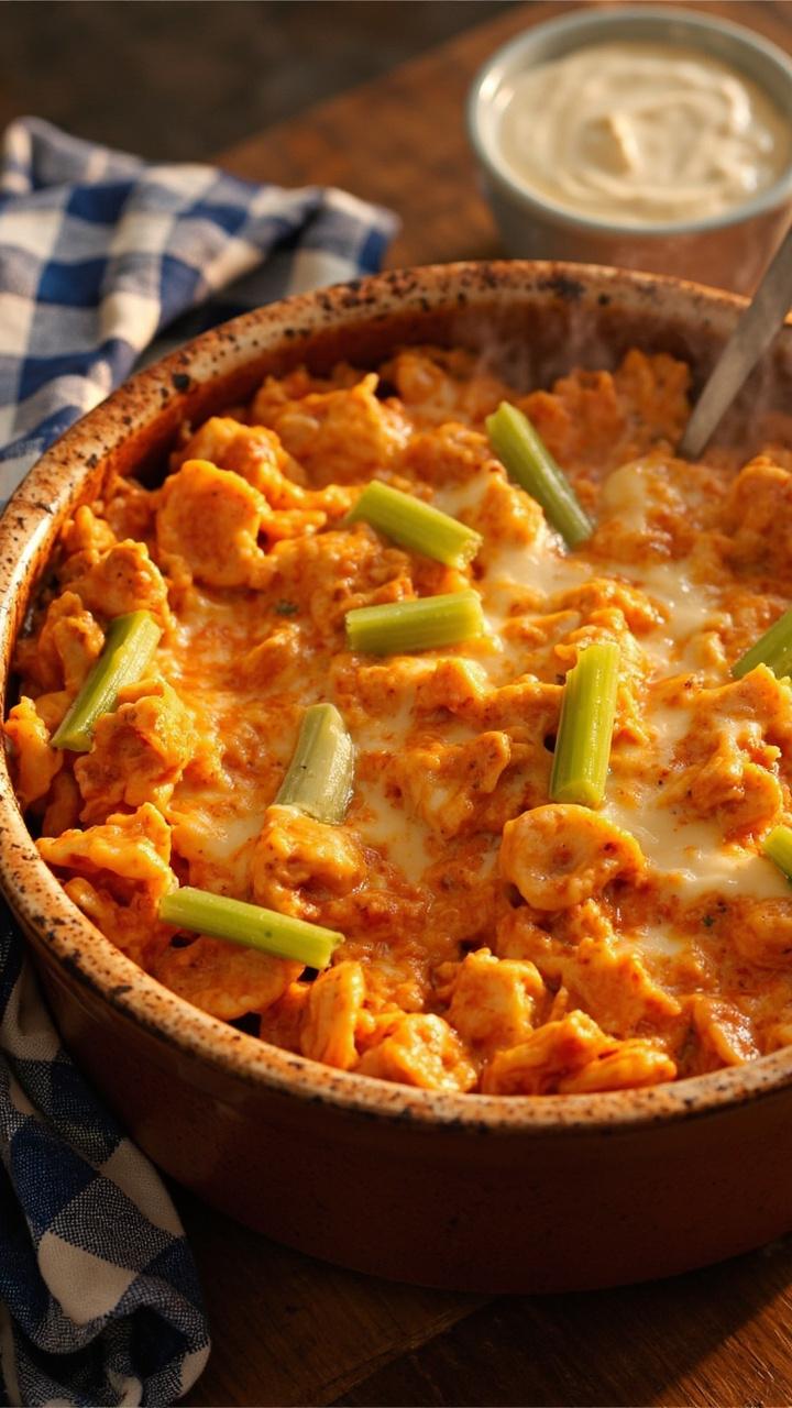A round baking dish with bubbling orange buffalo sauce coated tortellini and shredded chicken. Melted cheese browned in spots and thin slices of celery scattered on top for crunch. A blue checked napkin and a small bowl of ranch on the side.