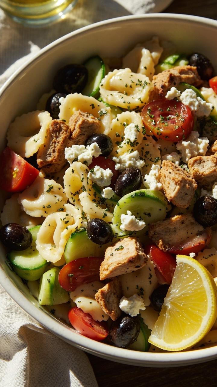 A large shallow bowl of chilled tortellini salad with diced cucumber, halved cherry tomatoes, sliced kalamata olives, crumbled feta and diced grilled chicken. A drizzle of olive oil and a sprinkle of chopped oregano. A bright linen napkin and a lemon wedge at the edge of the bowl.