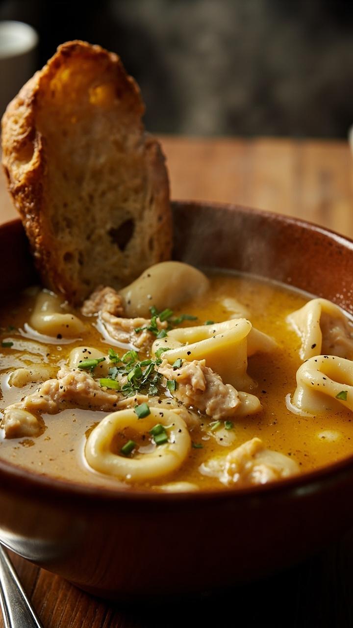 A deep bowl filled with golden broth dotted with herbs, cheese tortellini, and bite sized chicken pieces. Floating slivers of garlic and chopped chives on top. A slice of toasted bread leaning against the bowl and a spoon on the side.